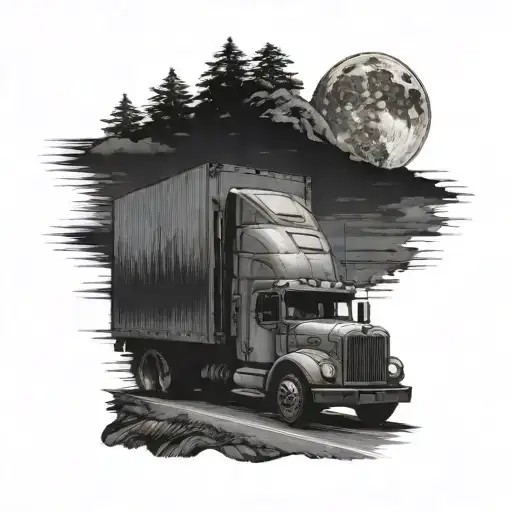 Truck Driver Alone On The Road Thinking At His Home In The Moon Light