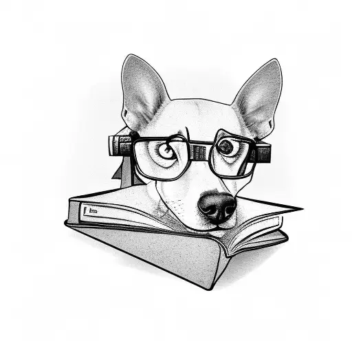 A Black And Grey Portrait Of A Dog Wearing Glasses With A Stack Of Books In The Background