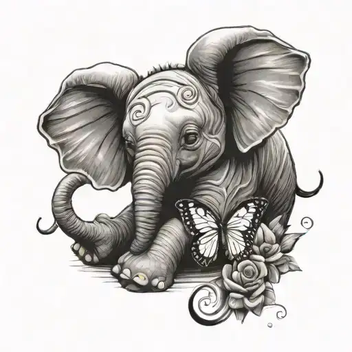 Baby Elephant With Butterfly Resting