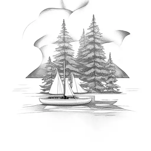 A Serene Lakeside Campsite With A Sailboat In The Background