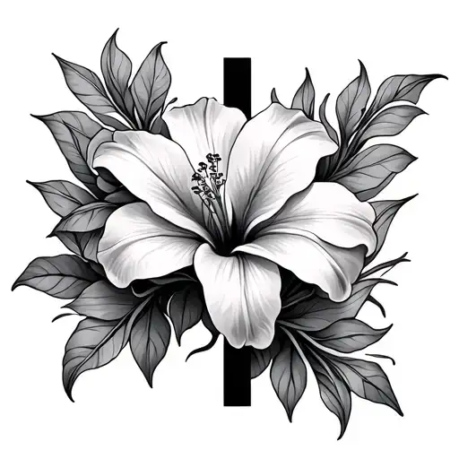 Cross With Lily Flowers And Hibiscus Flowers Intertwined