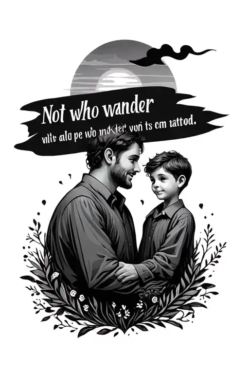 Father And Son Tattoo With Quote 'Not All Who Wander