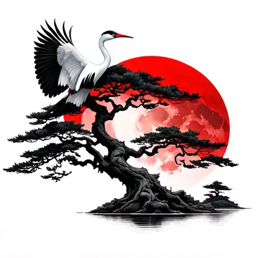 Red Crowned Crane Flying Around A Bonsai Tree With A Red Moon Behind