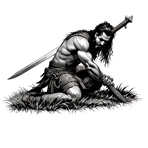 Sicilian Warrior Kneeling On A Grassy Field Leaning On A Sword