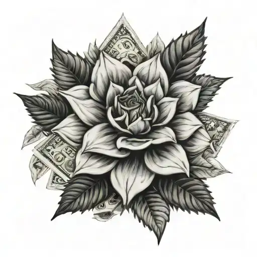 Stack Of Money And Black Dahlia Flower