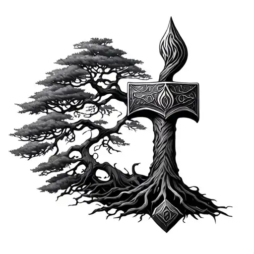 Tree Of Life Arm Sleeve Tattoo With Mjolnir As The Trunk
