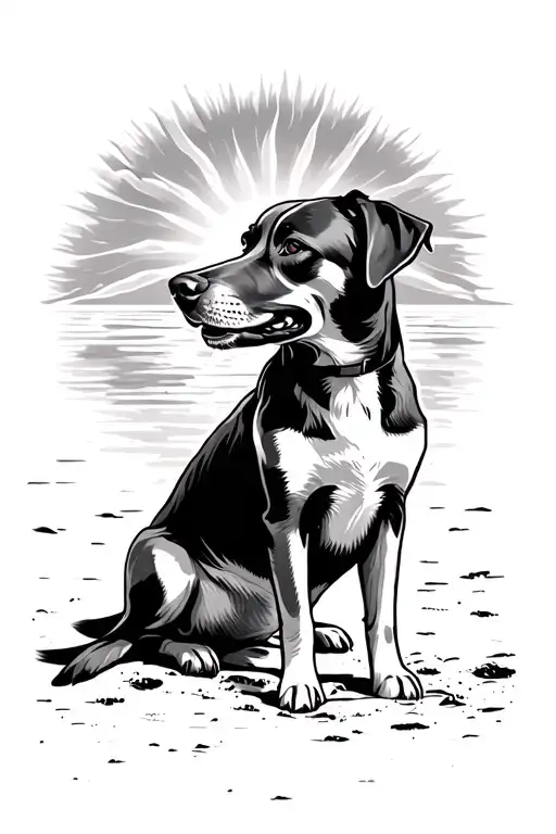 Portrait Of A Dog Sitting On The Beach Looking At The Sun