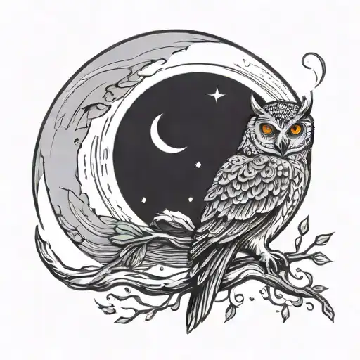 Small Owl Infront Of A Waning Crescent Moon