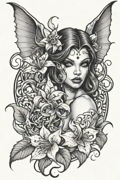 Sexy Succubus With Black Eyes And Lilly Flowers Surrounding
