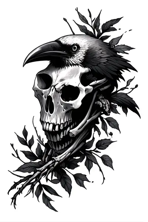 Raven Skull With Human Bones And Also Some Foilage Wrapping Around The Skull
