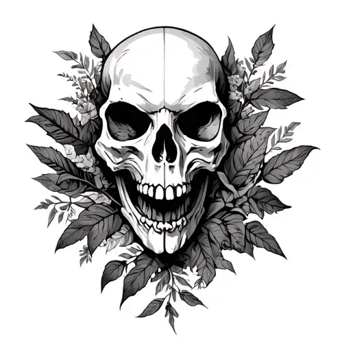 Raven Skull With Human Bones And Also Some Foilage Wrapping Around The Skull