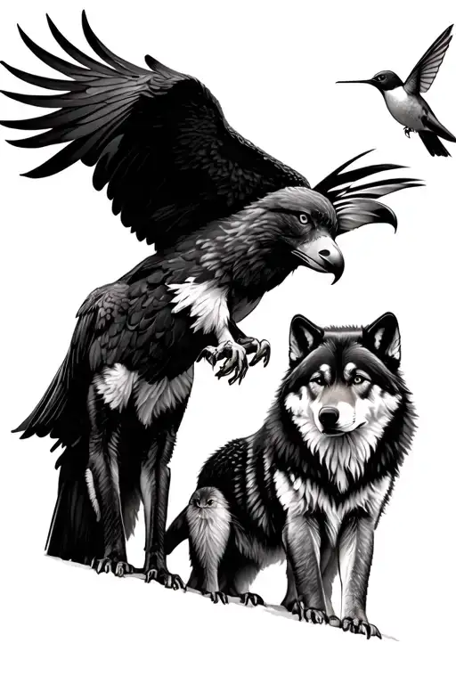 Eagle And Hummingbird Watching A Family Of Wolves 3 Cubs