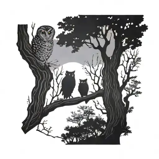 Dad And Two Sons Silhouette Walking Under A Tree Branch With An Owl Sat Looking Down At Them