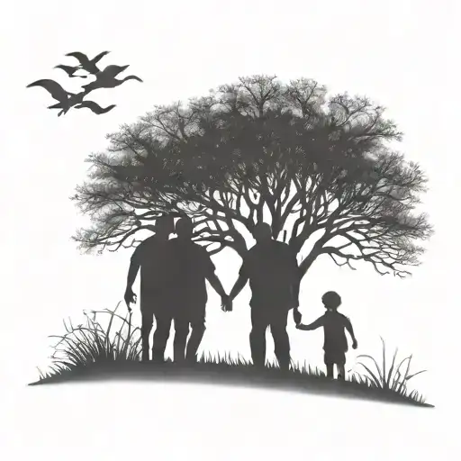 Dad Holding Hands With His Two Sons As Silhouette Walking Through A Tree Ach