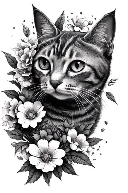 Arm Tattoo Of A Cat Hiding In Flowers