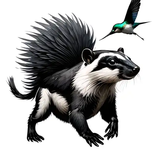 Feminine Honeybadger Walking With Hummingbird Hovering