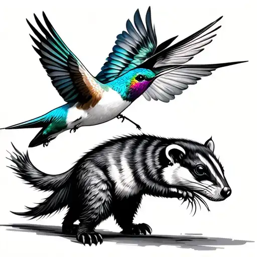 Feminine Honeybadger Walking With Hummingbird Surrounded