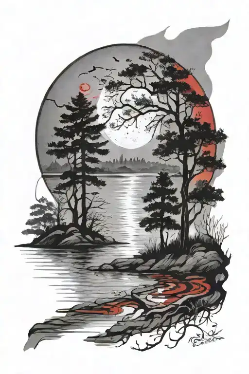 Red Moon Reflecting On River With Trees