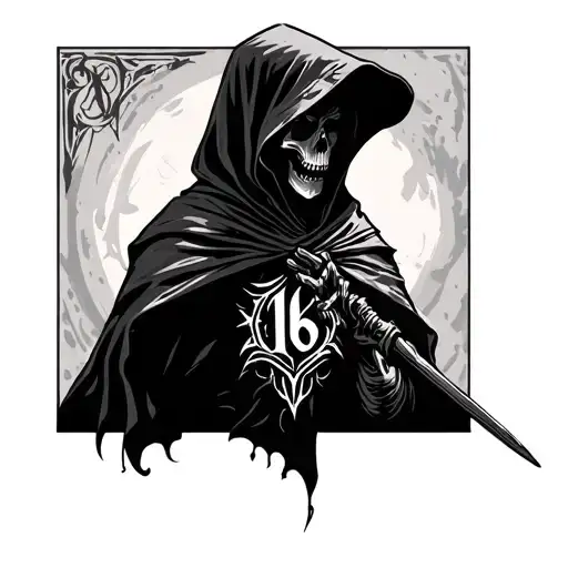 Hooded Reaper Silohuette With The Number 16 In Roman Numerals