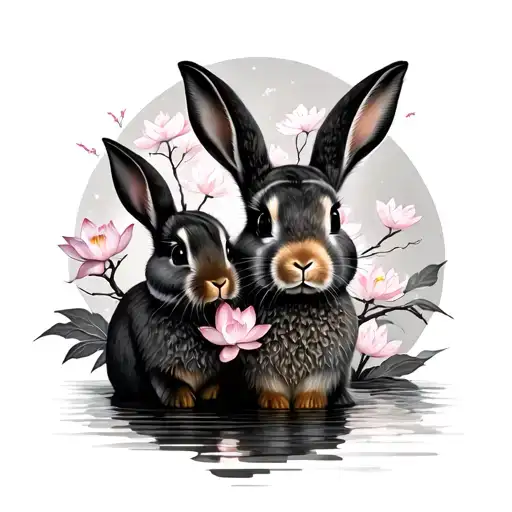 Two Rabbits And Lotus And Cherry Blossom Tree