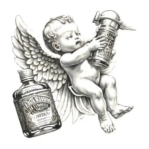 A Baby Angel Flying Holding A Bottle Of Jack Daniels