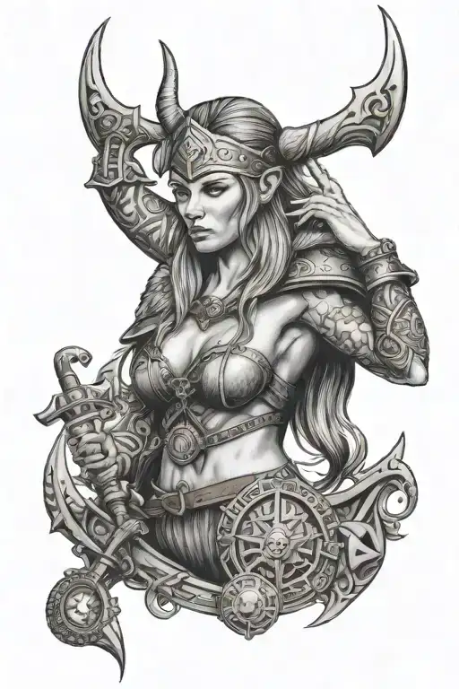 Woman Viking Whit Wapon And Ship On The Background