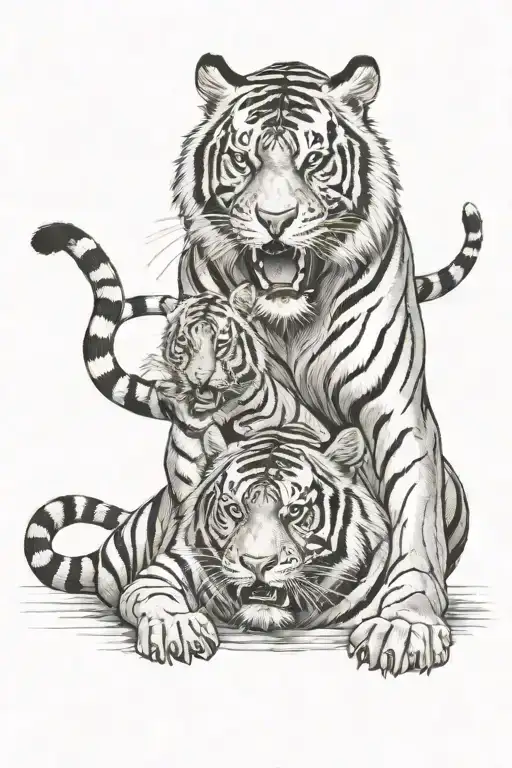 A Full Body Tiger Roaring With Baby Tiger With Body In Front