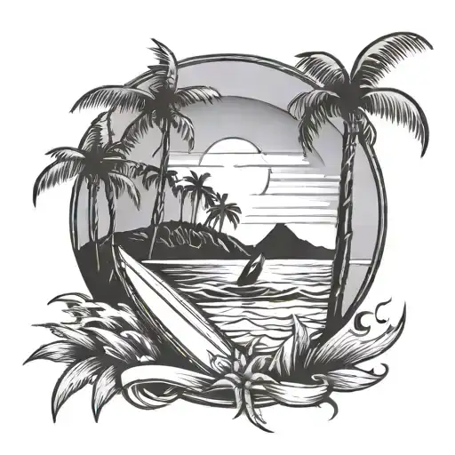 Beach Tattoo With Sun Behind And Trees And Surfboard