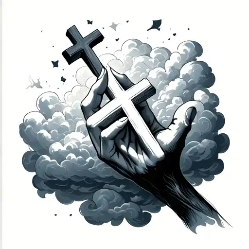 Hand With Cross That Comes Out Of Cloud Background