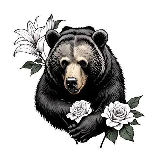 Grizzly Bear Holding A Lily And A Rose