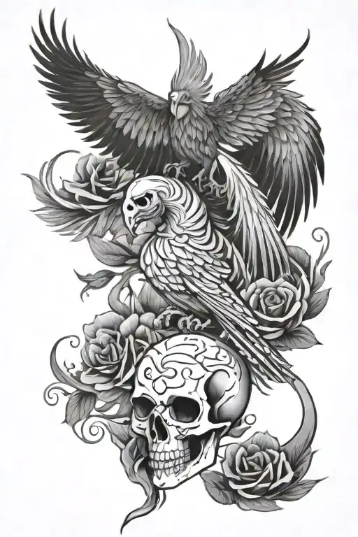 Phoenix With Rose Ded And Skeleton Skull