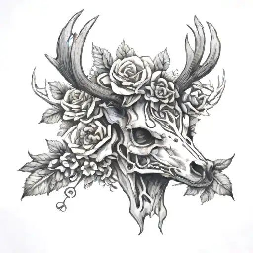 Deer Skull With Flowers Wrapping Antlers Intertwined