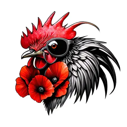 Rooster With Sunglasses With Red Poppies