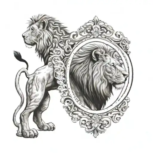 Big Lion Watching In A Mirror And Seeing Small Lion