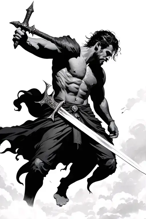 A Man Holding A Sword In The Sky