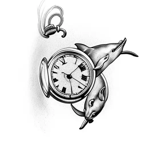 Pocket Watch Surrounded By Roses With Dolphin Underneath Jumping Out Of Water