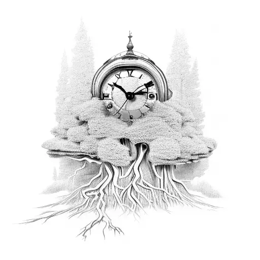 A Clock Growing Inside The Roots Of A Tree