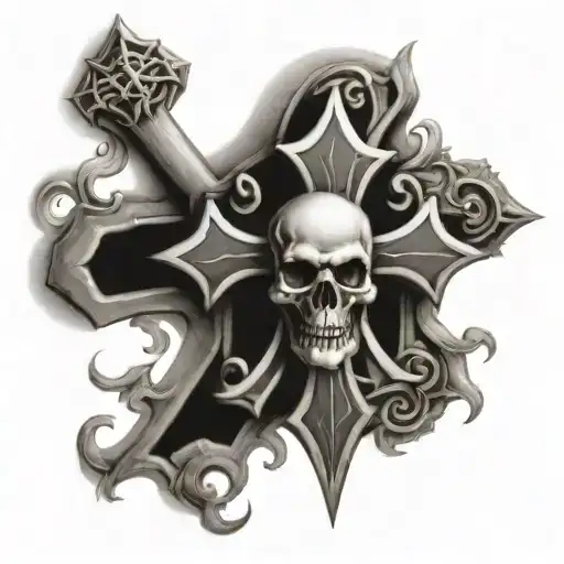 A Gothic Christian Cross With A Skull Hanging On It
