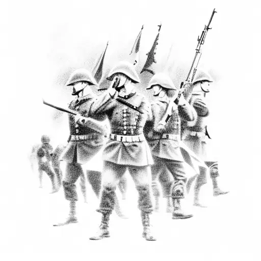 A Black And Grey Tattoo Of A Battlefield With Soldiers Fighting
