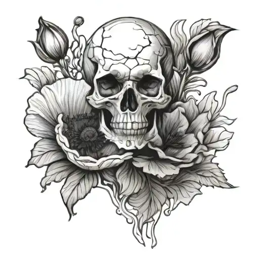 Line Drawing Poppy Flower And Skull Adorned
