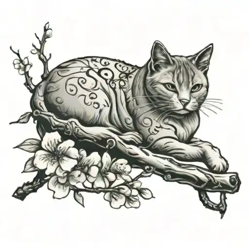 Word Mello In Between 2 Cherry Blossom Branches With A Cat Laying On The Branch