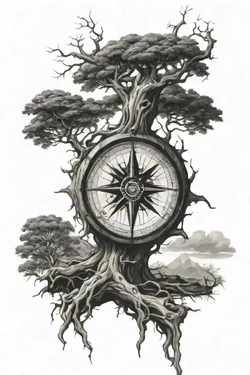 Gnarled Tree With Roots Wrapped Around A Compass