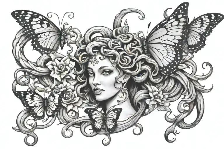 Medusa With A Lighting Bolt With A Butterfly Family