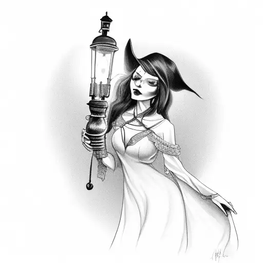 Long Black Haired Woman Looking Like A Witch Holding A Gas Lamp