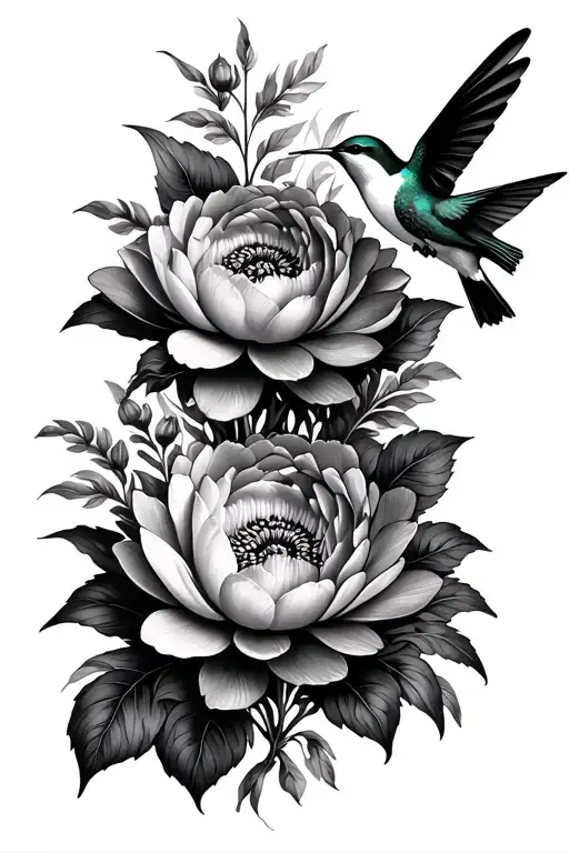 Bloomed Peony And Bloomed Lotus Vertical Bouquet With Two Hummingbirds