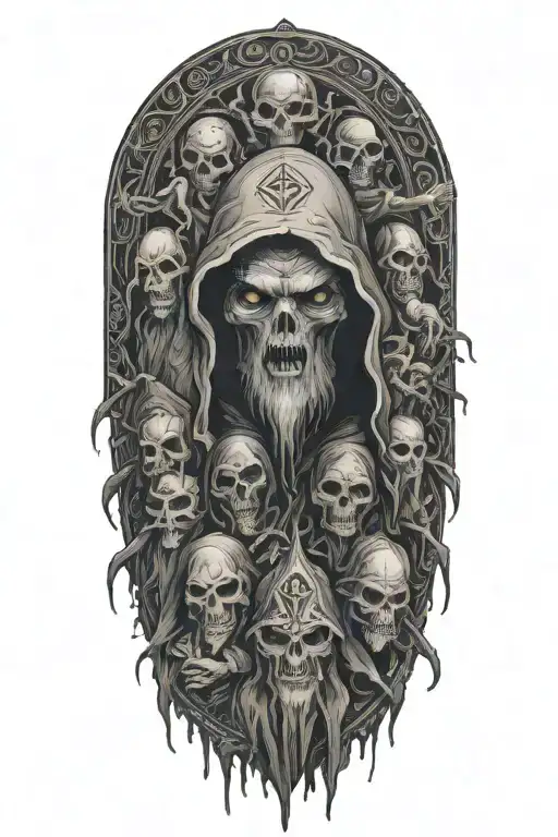 Hodded Cultists Surrounding Looking Upon A Great Old One With Glariong Eyes In The Dark