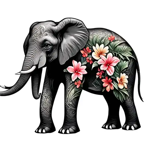 Trunk Up Elephant Surrounded My Tropical Flowers
