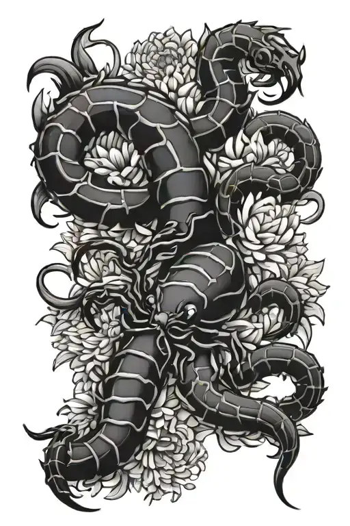 Chrysanthemums Flower And Scorpion Intertwined