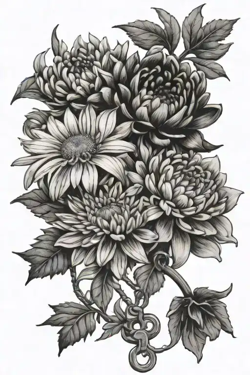 Three Chrysanthemums Flowers And A Daisy And A Scorpion And A Lock & Key