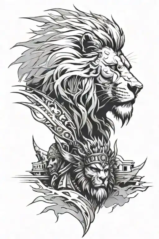 Lion With Scar Running Down His Eye And A Spartan With The Colleseum Behind Him